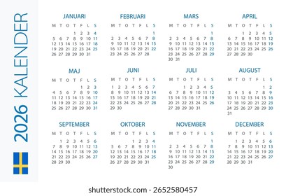 Calendário 2026 ano horizontal - ilustração vetorial. Versão em língua sueca - Suécia