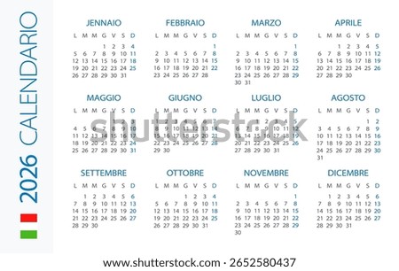 Calendar 2026 year Horizontal - vector illustration. Italian language version - Italy