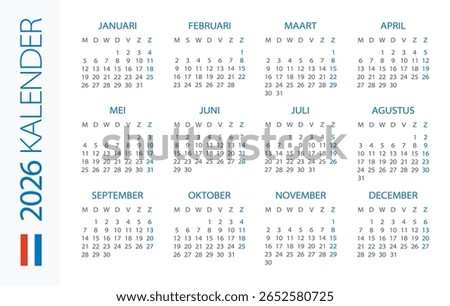 Calendar 2026 year Horizontal - vector illustration. Dutch language version