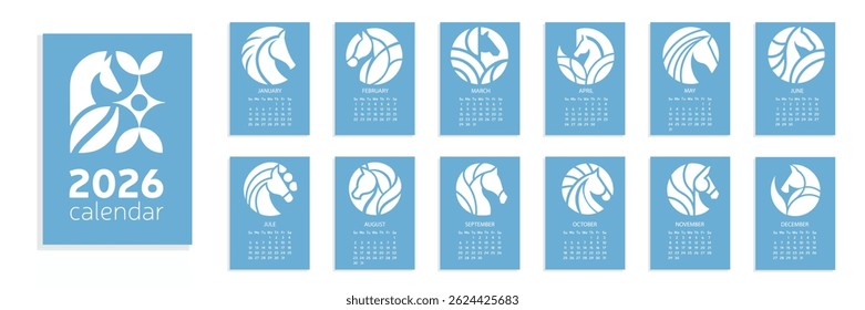 Calendar 2026 Year with Horse Silhouette. 2026 Horse Calendar A4. Week Start from Sunday.  Hand Drawn Vector art. 