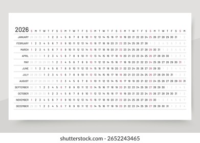 Calendar 2026 year. Linear planner template. Horizontal yearly calender. Timetable grid with 12 month. Week starts Sunday. Annual schedule layout for table. Desk monthly organizer. Vector illustration