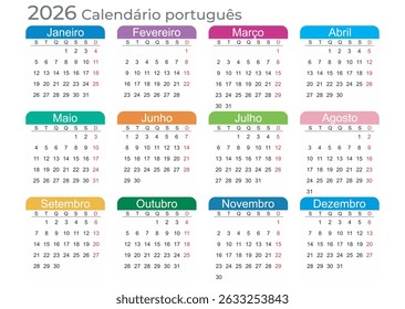 Calendar 2026 Year mockup. Portuguese version. Annual horizontal template with colored tabs on white background. Modern design. Editable format. EPS10.