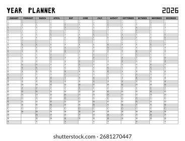 Calendario 2026 año planificador Plantilla. Ilustración vectorial.