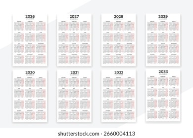 Calendar 2026 year set collection 2027 to 2033 years design template