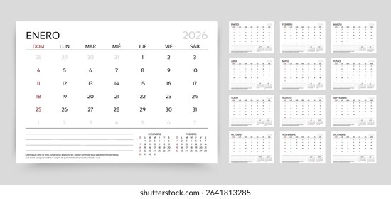 Calendar 2026 year. Spanish planner template. Week starts Sunday. Calender layout. Yearly corporate organizer. Desk schedule grid. Horizontal monthly diary with 12 month. Vector simple illustration