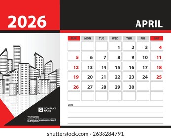 calendar 2026 year template - April 2026 year, Week Starts on Sunday, Desk calendar 2026 design, Wall calendar, planner design, stationery, printing media, Blue background, vector