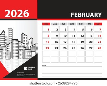 calendar 2026 year template - February 2026 year, Week Starts on Sunday, Desk calendar 2026 design, Wall calendar, planner design, stationery, printing media, Blue background, vector