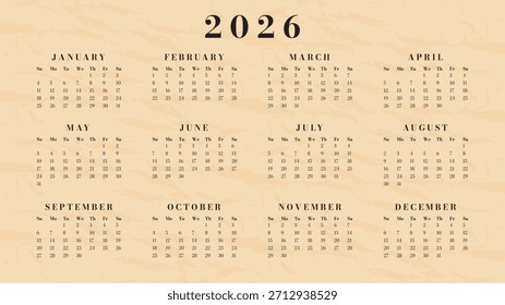 Calendario 2026 año de Plantilla Horizontal vintage retro grunge diseño de pergamino.