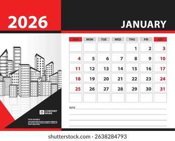 calendar 2026 year template - January 2026 year, Week Starts on Sunday, Desk calendar 2026 design, Wall calendar, planner design, stationery, printing media, Blue background, vector