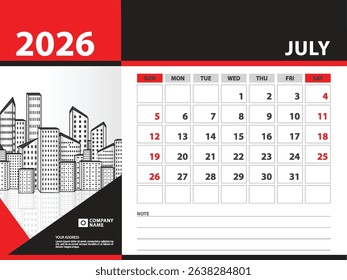 calendar 2026 year template - July 2026 year, Week Starts on Sunday, Desk calendar 2026 design, Wall calendar, planner design, stationery, printing media, Blue background, vector