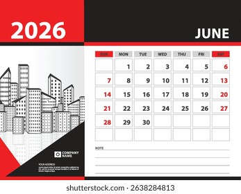 calendar 2026 year template - June 2026 year, Week Starts on Sunday, Desk calendar 2026 design, Wall calendar, planner design, stationery, printing media, Blue background, vector