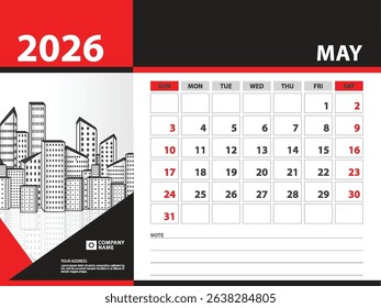 calendar 2026 year template - May 2026 year, Week Starts on Sunday, Desk calendar 2026 design, Wall calendar, planner design, stationery, printing media, Blue background, vector