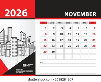 calendar 2026 year template - November 2026 year, Week Starts on Sunday, Desk calendar 2026 design, Wall calendar, planner design, stationery, printing media, Blue background, vector