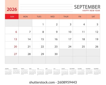 Calendar 2026 year template, September 2026 design, Planner simple, Desk calendar 2026 design, Week Starts on Sunday, Wall calendar design, printing media, advertisement, office organizer, vector