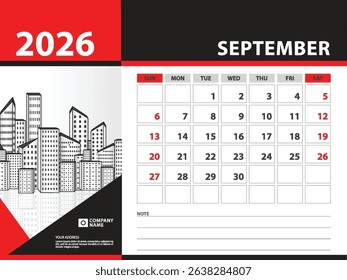 calendar 2026 year template - September 2026 year, Week Starts on Sunday, Desk calendar 2026 design, Wall calendar, planner design, stationery, printing media, Blue background, vector