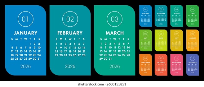 Calendar 2026 year. Vector colorful calender template. Infographics design. Week starts on Sunday