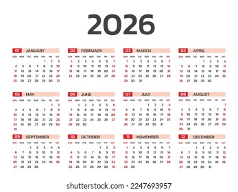 Calendar 2026 year vector illustration, Set of 12 months, week starts on Sunday, Simple planner template, desk calendar year, wall calendar 2026 template, print media, Business template vector