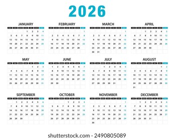 Calendar 2026 year vector illustration, Set of 12 calendar, week starts on Sunday, Simple planner template, desk calendar 2026 year, wall calendar 2026 template, print media, Business template