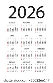 Calendar 2026 year - vector illustration. Week starts on Sunday. Calendar Set for 2026 year
