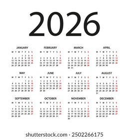 Calendario 2026 año - Ilustración vectorial. La semana comienza el lunes. Calendario Fijado para el año 2026