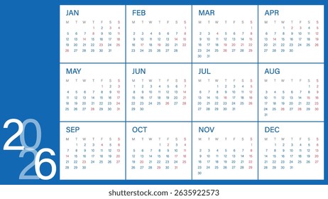 Calendar 2026 year - vector illustration. Week starts on Monday. Calendar Set for 2026 year. Calendar 2026 week start Monday corporate design template vector. Desk calendar 2026.