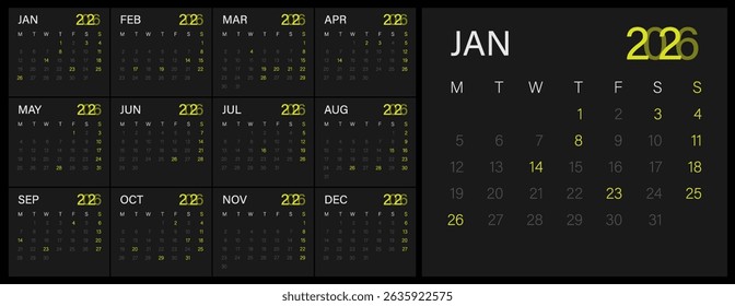 Calendar 2026 year - vector illustration. Week starts on Monday. Calendar Set for 2026 year. Calendar 2026 week start Monday corporate design template vector. Desk calendar 2026.