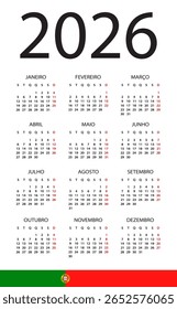 Calendario 2026 año - Ilustración vectorial. Versión en portugués