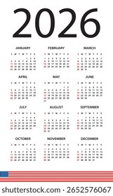 Calendário 2026 ano - ilustração vetorial. Versão americana. A semana começa no domingo
