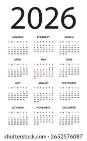 Calendário 2026 ano - ilustração vetorial. A semana começa no domingo