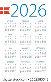 Calendário 2026 ano - ilustração vetorial. Versão em língua dinamarquesa - Dinamarca