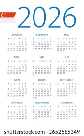 Kalender 2026 Jahr - Vektorgrafik. Singapurische Version