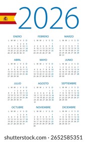 Calendar 2026 year - vector illustration. Spanish language version - Spain