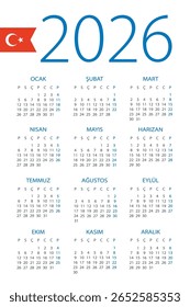 Calendario 2026 año - Ilustración vectorial. Versión en turco - Turquía