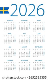 Calendário 2026 ano - ilustração vetorial. Versão em língua sueca - Suécia