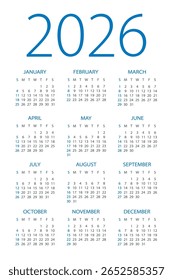 Calendário 2026 ano - ilustração vetorial. A semana começa no domingo