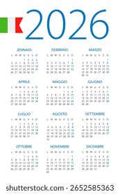 Calendar 2026 year - vector illustration. Italian language version - Italy