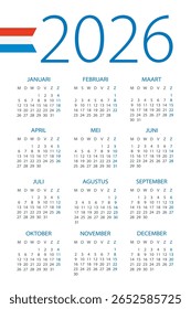 Calendar 2026 year - vector illustration. Dutch language version - Netherlands
