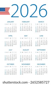 Calendário 2026 ano - ilustração vetorial. Versão americana. A semana começa no domingo