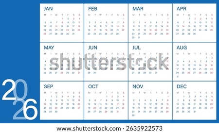 Calendar 2026 year - vector illustration. Week starts on Monday. Calendar Set for 2026 year. Calendar 2026 week start Monday corporate design template vector. Desk calendar 2026.