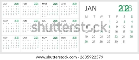 Calendar 2026 year - vector illustration. Week starts on Monday. Calendar Set for 2026 year. Calendar 2026 week start Monday corporate design template vector. Desk calendar 2026.