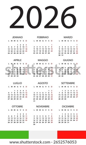 Calendar 2026 year - vector illustration. Italian language version
