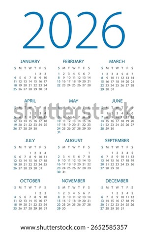 Calendar 2026 year - vector illustration. Week starts on Sunday