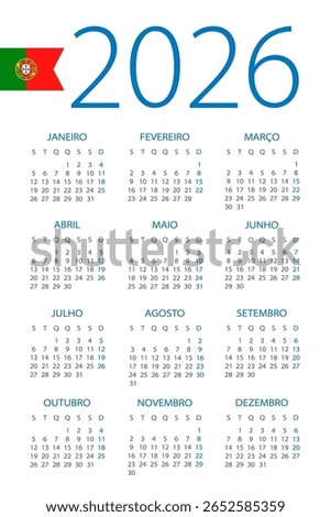 Calendar 2026 year - vector illustration. Portuguese language version - Portugal