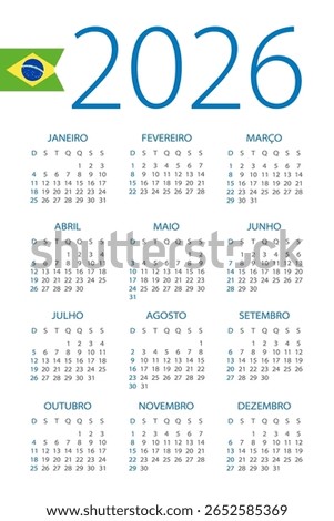 Calendar 2026 year - vector illustration. Brazilian version