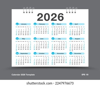 Calendar 2026 year vector, Set of 12 months, week starts on Sunday, Simple planner template, desk calendar year, wall calendar 2026 template, print media