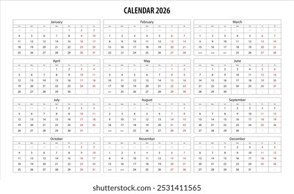 Calendar 2026 year - vector. Week starts on Monday. Calendar Set for 2026 year