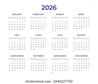Calendar 2026 year. Week starts on Monday. Calendar template for 2026 in classic strict style. Wall, table calendar. Restrained business design for notebook and planner. Vector illustration isolated