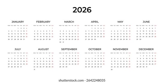 Calendar 2026 year. Week starts on Monday. Calendar template for 2026 in classic strict style. Wall, table calendar. Restrained business design for notebook and planner. Vector illustration isolated