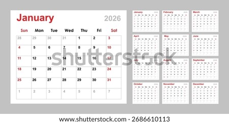Calendar 2026, yearly calendar vector in 2026, calendar template, calendar planner, Diary planner 2026 year.