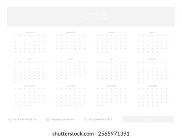 Calendar 2026, Calendar 2026 Yearly View One Page Editable Template Vector